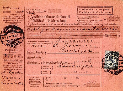 1922 2mk  sininen yksin, postiennakkoasiakirjoja