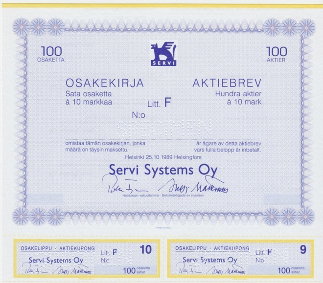OKK 1989 Servi-Systems Oy spec, Helsinki osakekirja