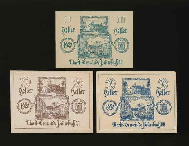 Itävalta Notgeld 10, 20, 50 Heller, Peuerbach 1920