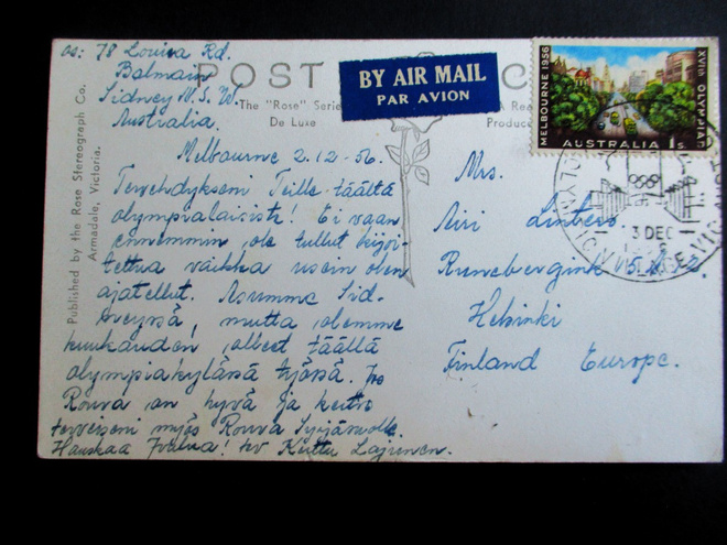 1956 Australia kesäolympiakortti Suomeen  3.12.56