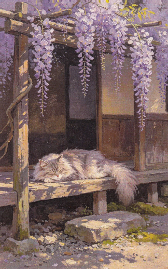 Kissa nukkuu wisterian alla