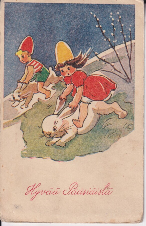 Hyvä Pääsiäistä . Lapset ratsastaa pupuilla .   e124