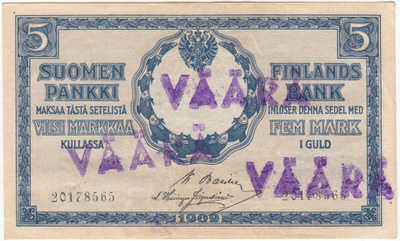 5 Markkaa 1909 KV kl.6