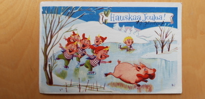 Usko Laukkanen FOI joulukortti, possu varkaissa, v. 57