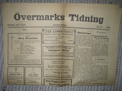 Sanomalehti : Övermarks Tidning  9.4.1958