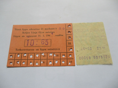 Linja- autoliput 1964 Keljon Linja Oy 2 kpl