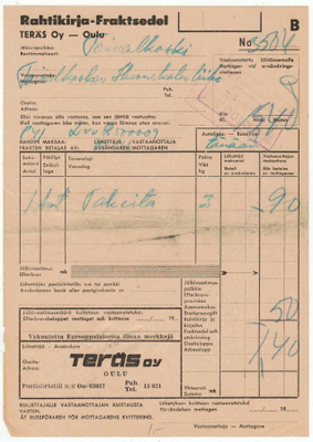 Rahtikirje Oulusta Taivalkoskelle 1964