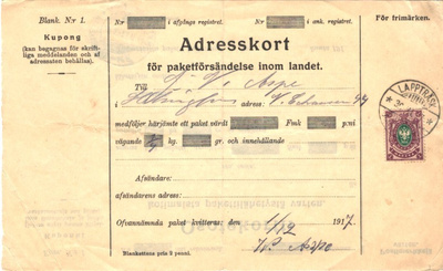 ADRESSK. OSOTEKORTTI LAPPTRÄS  1MK/1911
