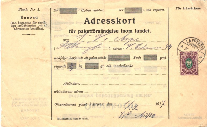 ADRESSK. OSOTEKORTTI LAPPTRÄS  1MK/1911