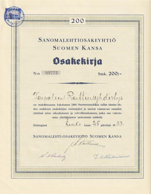 OKK 1933 Sanomalehti Suomen Kansa Oy, Helsinki osakekirja