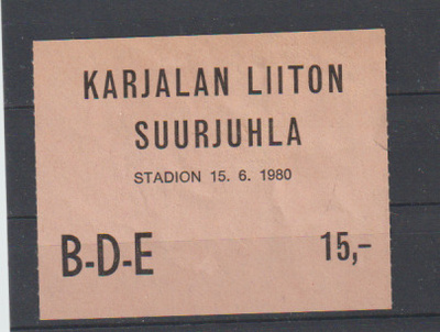 PÄÄSYLIPPU, KARJALAN LIITON SUURJUHLA  15.6.1980