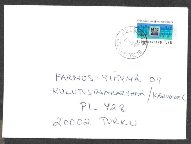 Postilähetys - Postipankki 100v (LAPE 1006) Helsinki 27.3.87