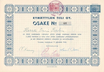 OKK 1943 Rymättylän Tiili Oy, Turku osakekirja