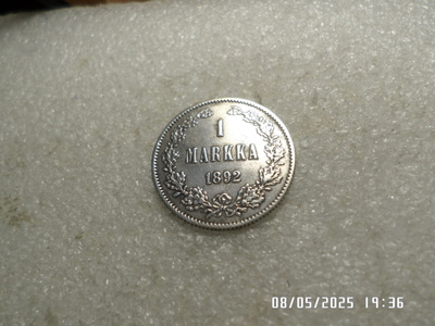 1 mk 1892 hopeaa erittäin vähän kulunut kl 8-9