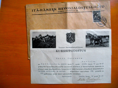 1947 Hevosjalostusliittojen kurssitodistus kuorineen Lahti