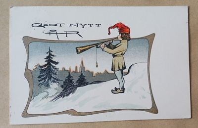 Tonttu soittaa torvea, kaupungin siluetti,Uusi Vuosi p. 1906