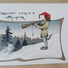 Tonttu soittaa torvea, kaupungin siluetti,Uusi Vuosi p. 1906 - pikkukuva 1