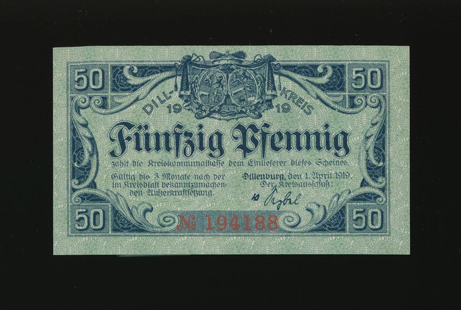Saksa Notgeld 50 Pfennig, Dillenburg 1.4.1919
