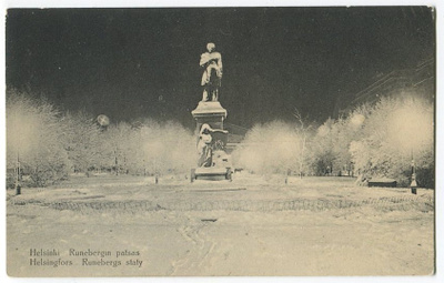 Helsinki Runebergin patsas talvella, kulkenut 1922