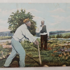 Kuokkija hiki hatussa, isäntä seuraa vieressä, k. k-k 1910 - pikkukuva 1