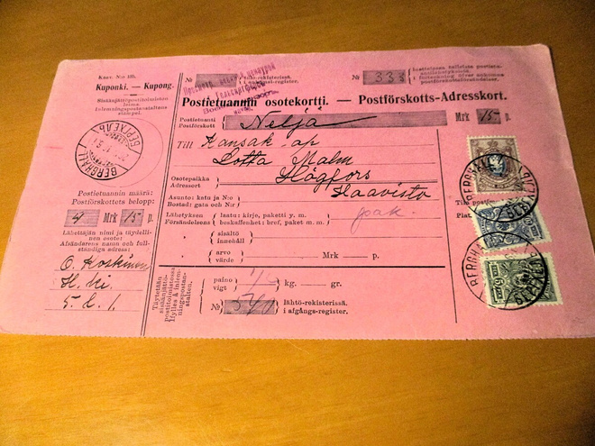 1916 Berghäll (Kallio) postiennakko Karkkilaan