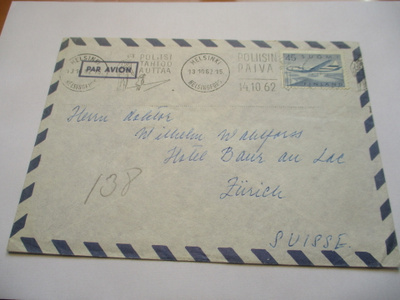 1962 Hki Poliisin päivän viest lentopostikuori Sveitsiin