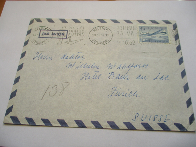 1962 Hki Poliisin päivän viest lentopostikuori Sveitsiin