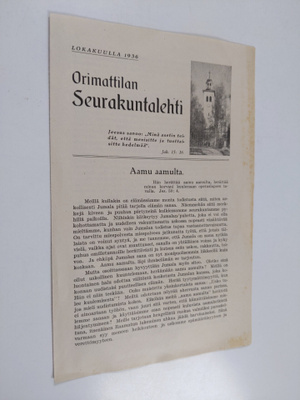 Orimattilan seurakuntalehti lokakuulla 1936