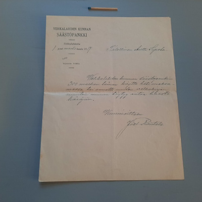 Vehkalahti säästöpankki 1917 maksukehotus lainalle