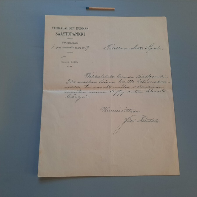Vehkalahti säästöpankki 1917 maksukehotus lainalle