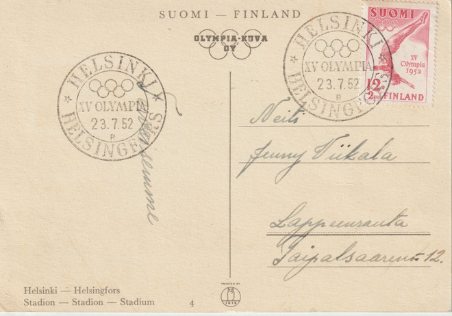 1952 Helsingin Olympia-erikoisleima Stadion kortissa+merkit