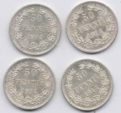 1914 50 penniä 1.2. 4kpl kl8-9 Uudelleen kaiverrettu "4"
