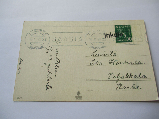 1943 Inkula (Viljakkala) rivil kortilla