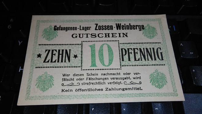 Germany Saksa 10 Pfg Leiri Zossen sotavanki valuuttaa UNC