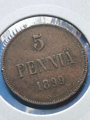 5 PENNIÄ 1899, melko hyvänä säilynyt keräilykappale!