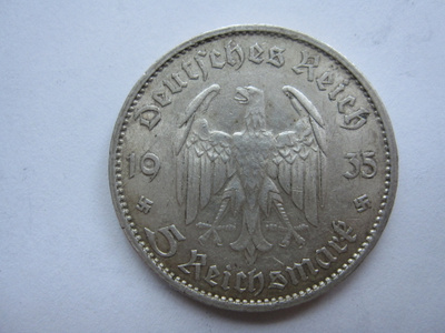 Natsi-Saksa 5 Reichsmark 1935 G Potsdam Garrison Church
