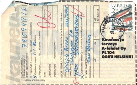 POSTILÄHETYS  KAUNEUSKILPAILUVASTAUS RUOTSI-HELSINKI