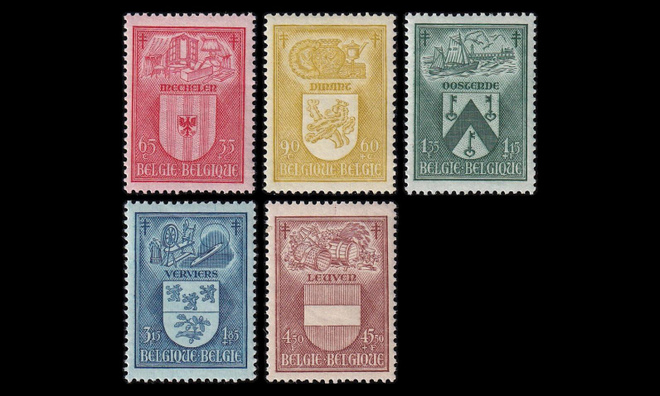 Belgia 776-80 ** Tuberkuloosi vaakunat (1946)