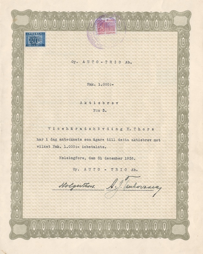 OKK 1936 Auto-Trio Oy , Helsinki osakekirja