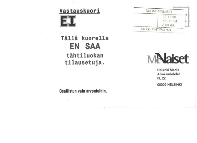 PIHTIPUDAS postimaksulipukke VAAKALEIMA 3MK