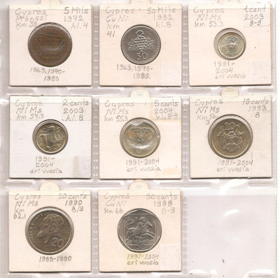 Erilaisia Cyproksen kolikoita: 1972-2004, yht. 8 kpl
