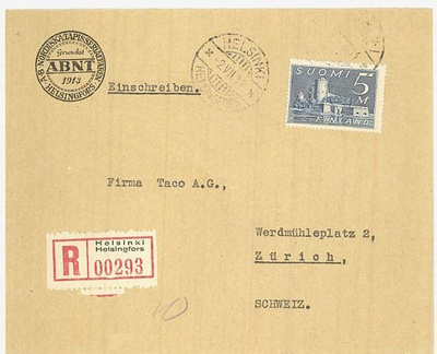M30 1930 5mk Olavinlinna R-kirje Sveitsiin 1931