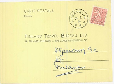 M54 1956 20 (mk) vastauskortti Ruotsista - ohileimattu