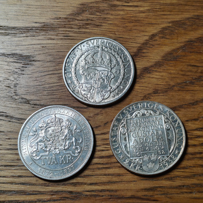 Ruotsi 2kr juhlarahat 1897, 1921, 1932. Ag800