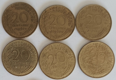 7 kpl Ranska 20 centimes 1967-1982, 4 kuvaa