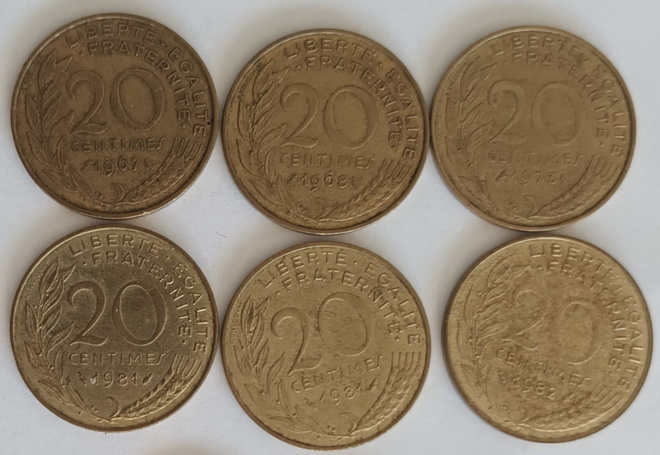 7 kpl Ranska 20 centimes 1967-1982, 4 kuvaa