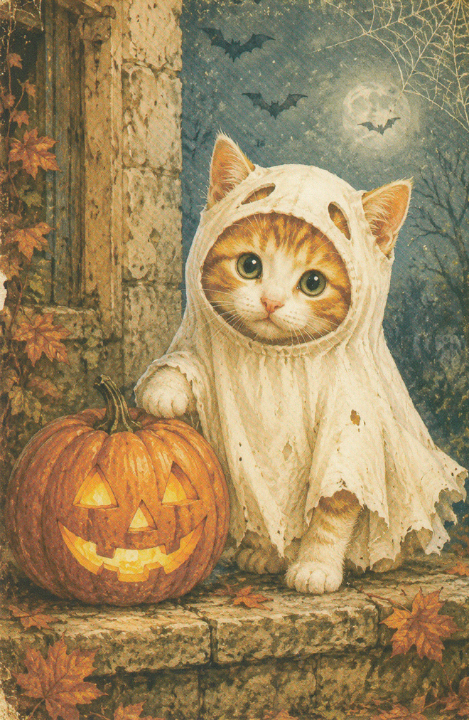 Halloween pienellä kissalla kummitusasu