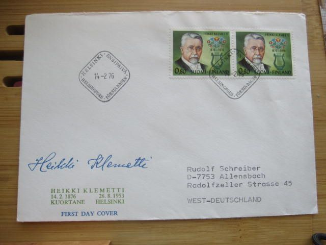 Klemetti postimerkki pari FDC-kuorella Saksaan 1976