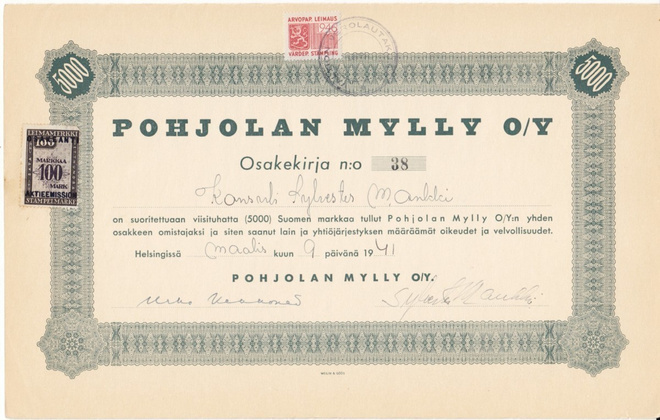 OKK 1941 Pohjolan Mylly Oy, Helsinki Urho Kekkonen allekirj.