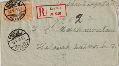 1899 2x20p Vaakunapari kirjatussa kirjeessa Kouvolasta>HKI